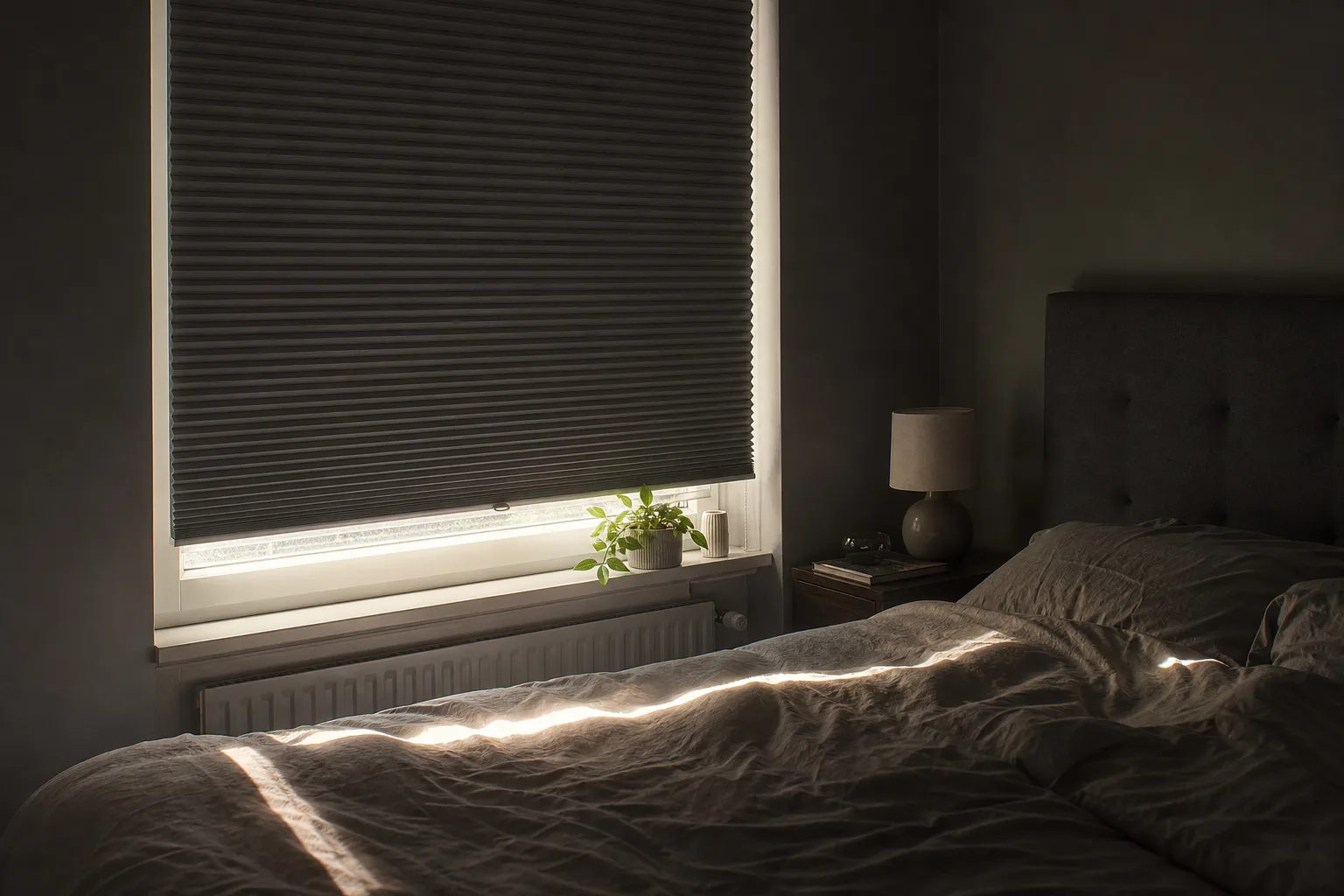 Mörk plisségardin som dämpar morgonljus i sovrum