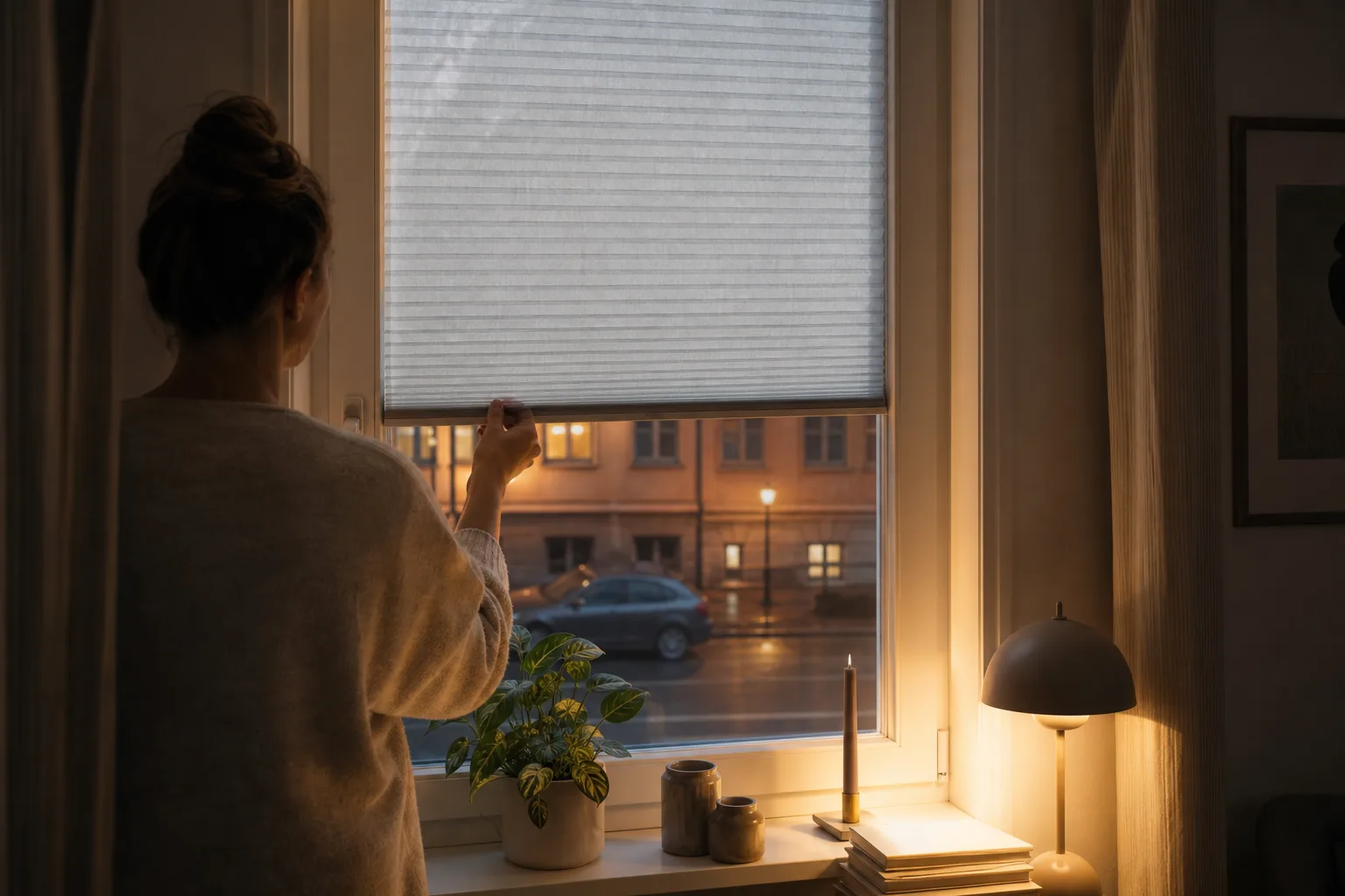 Plissé över nedre delen av ett fönster mot gatan, med fritt glas upptill