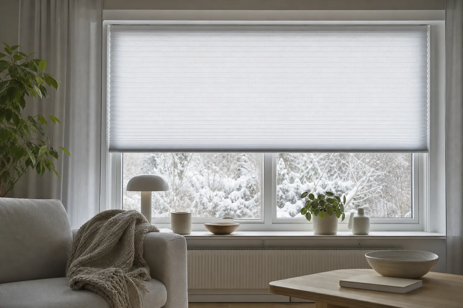 Cellplissé framför ett fönster intill en sittplats i vardagsrummet