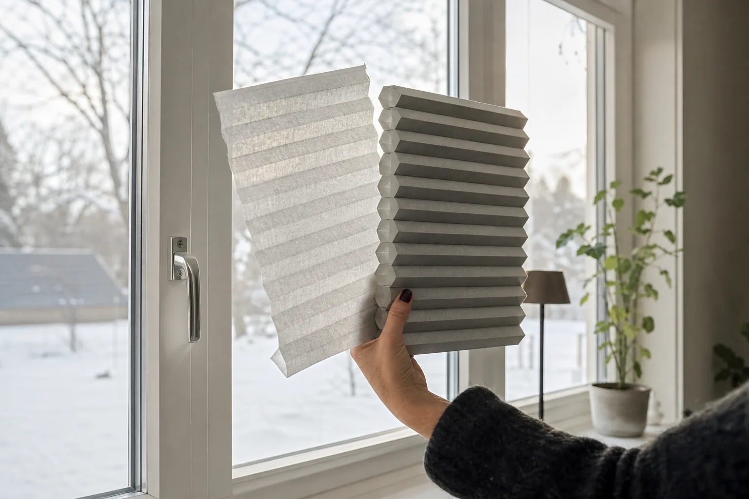 Hand med två plissévävprover framför vinterfönster