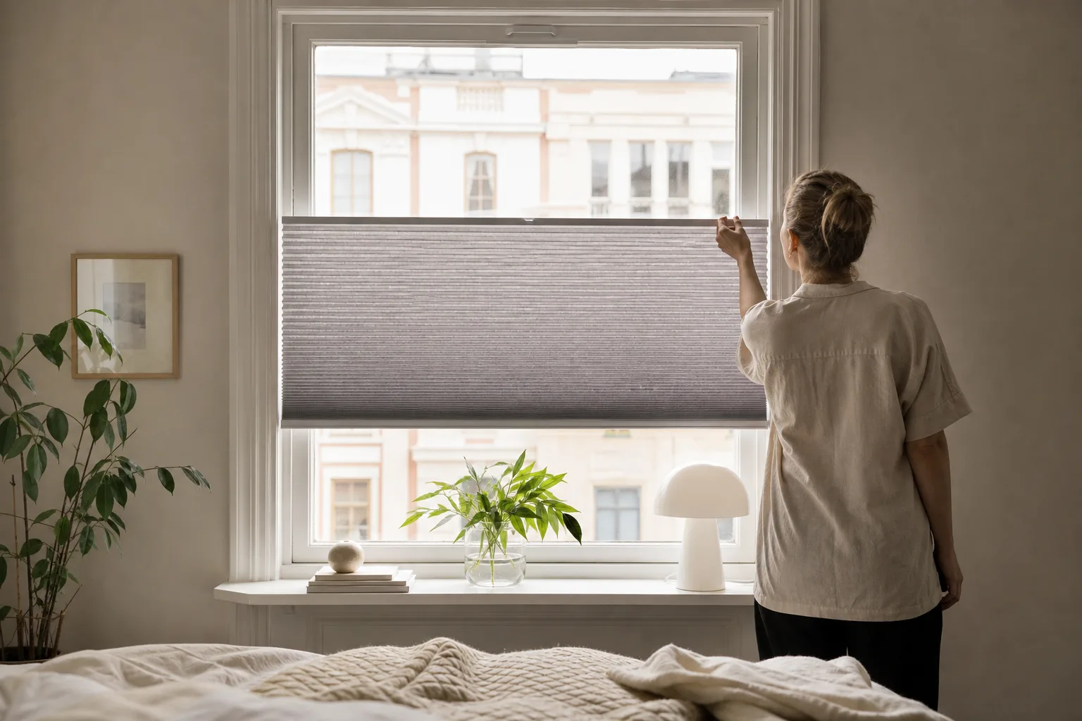 Plisségardin som täcker nedre delen av ett gatufönster